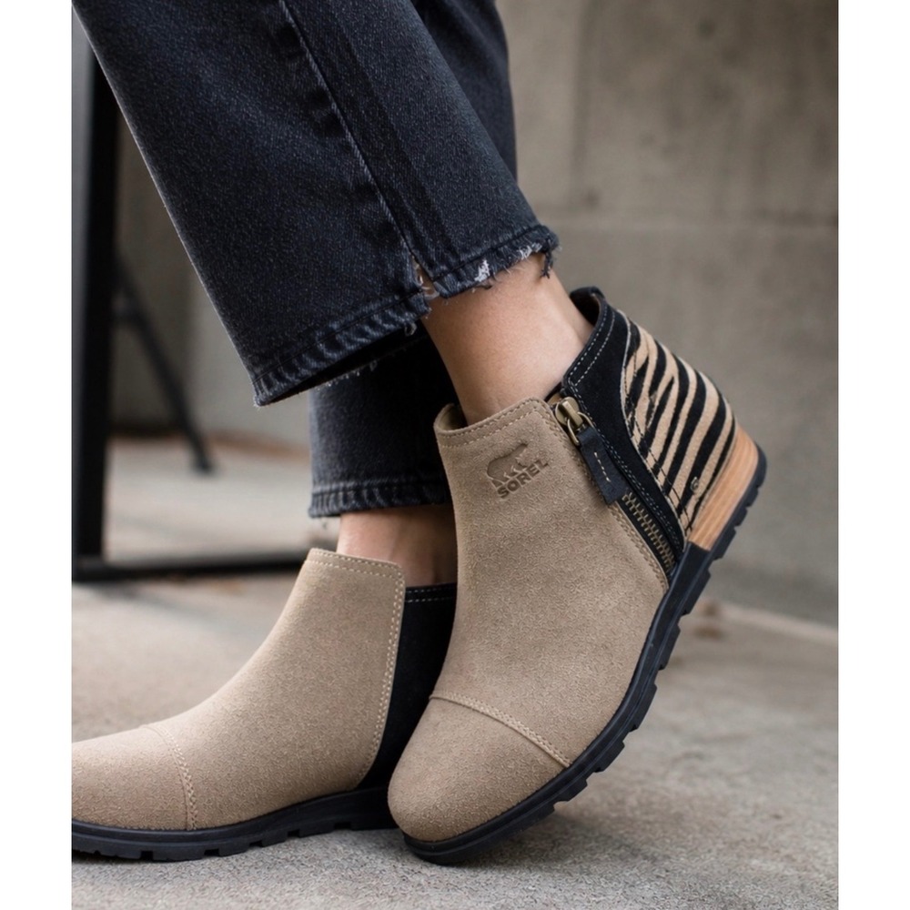 Sorel Major Low Tan Suede Zebra Calf Hair Ankle Boots Shoes Womens 9.5 Booties